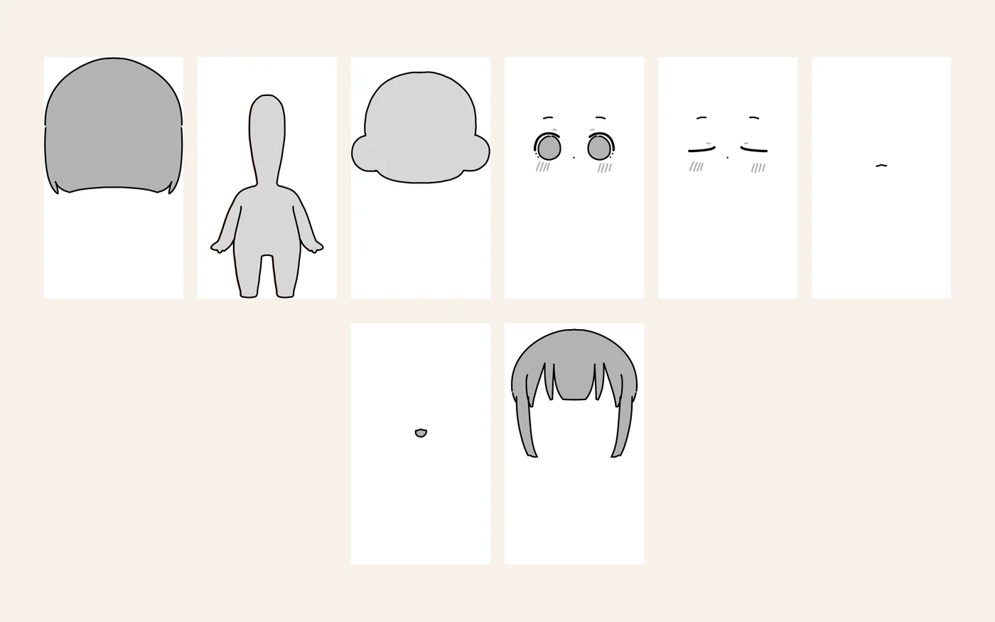 기본 캐릭터의 레이어 구성: 뒷머리, 몸, 얼굴, 뜬 눈, 감은 눈, 다문 입, 벌린 입, 앞머리